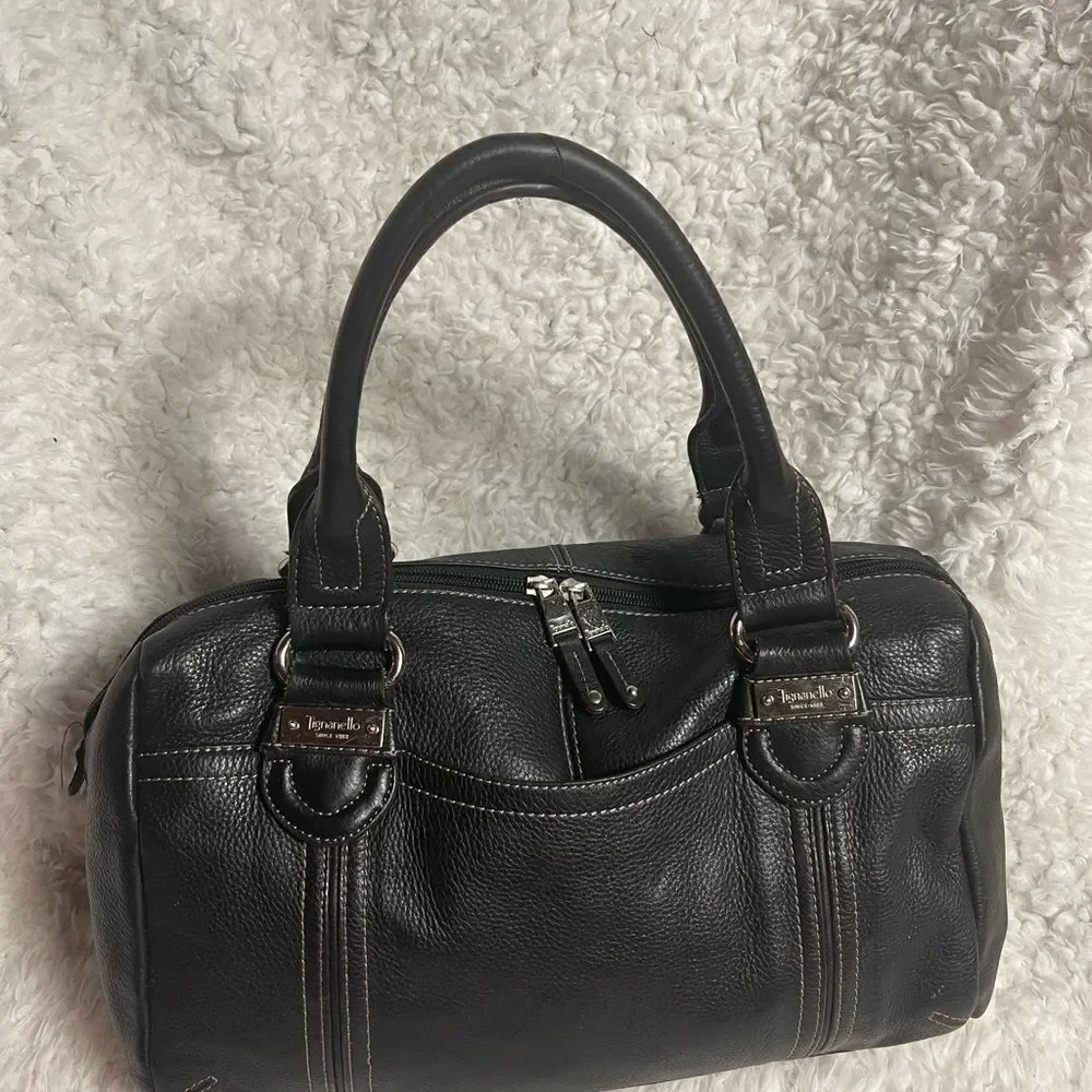Tignanello leather black Medium Satchel silver tone hardwares.